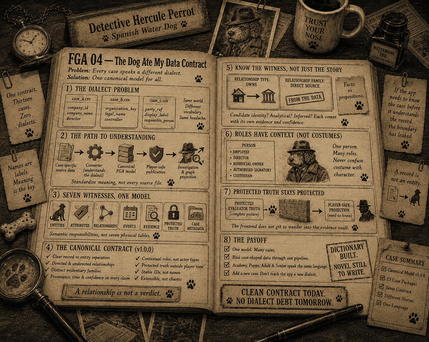 Sepia back-cover infographic summarizing FGA-04's canonical data contract, its seven concepts, source-conversion path and protected-truth boundary.