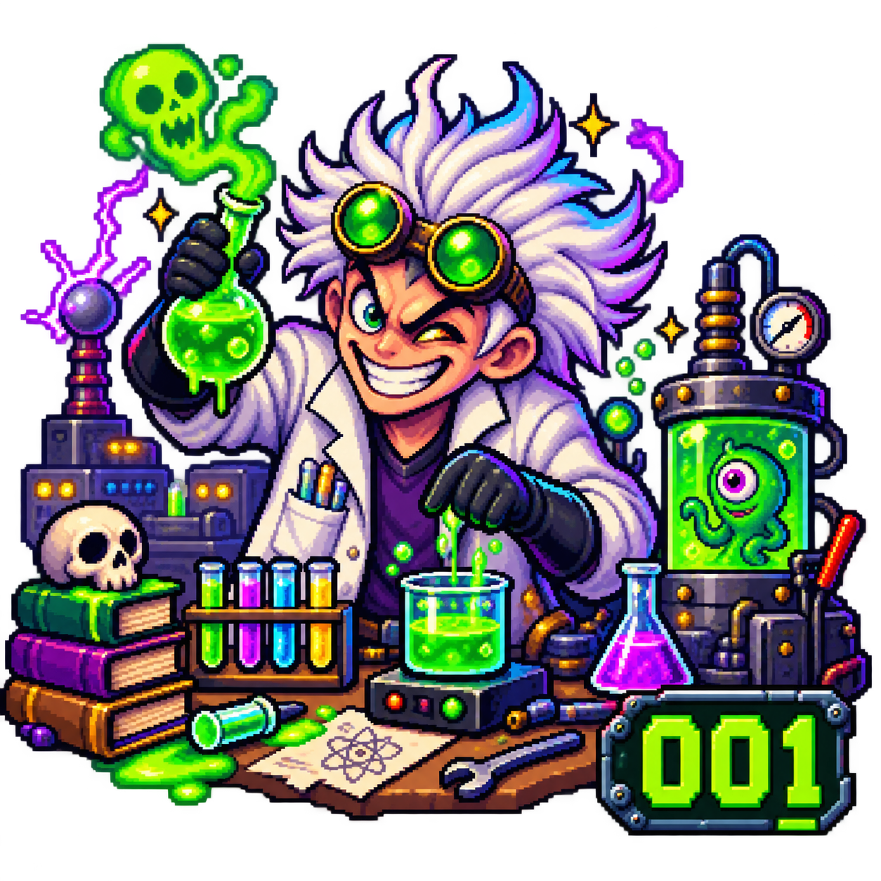 A mischievous mad scientist experimenting in a laboratory